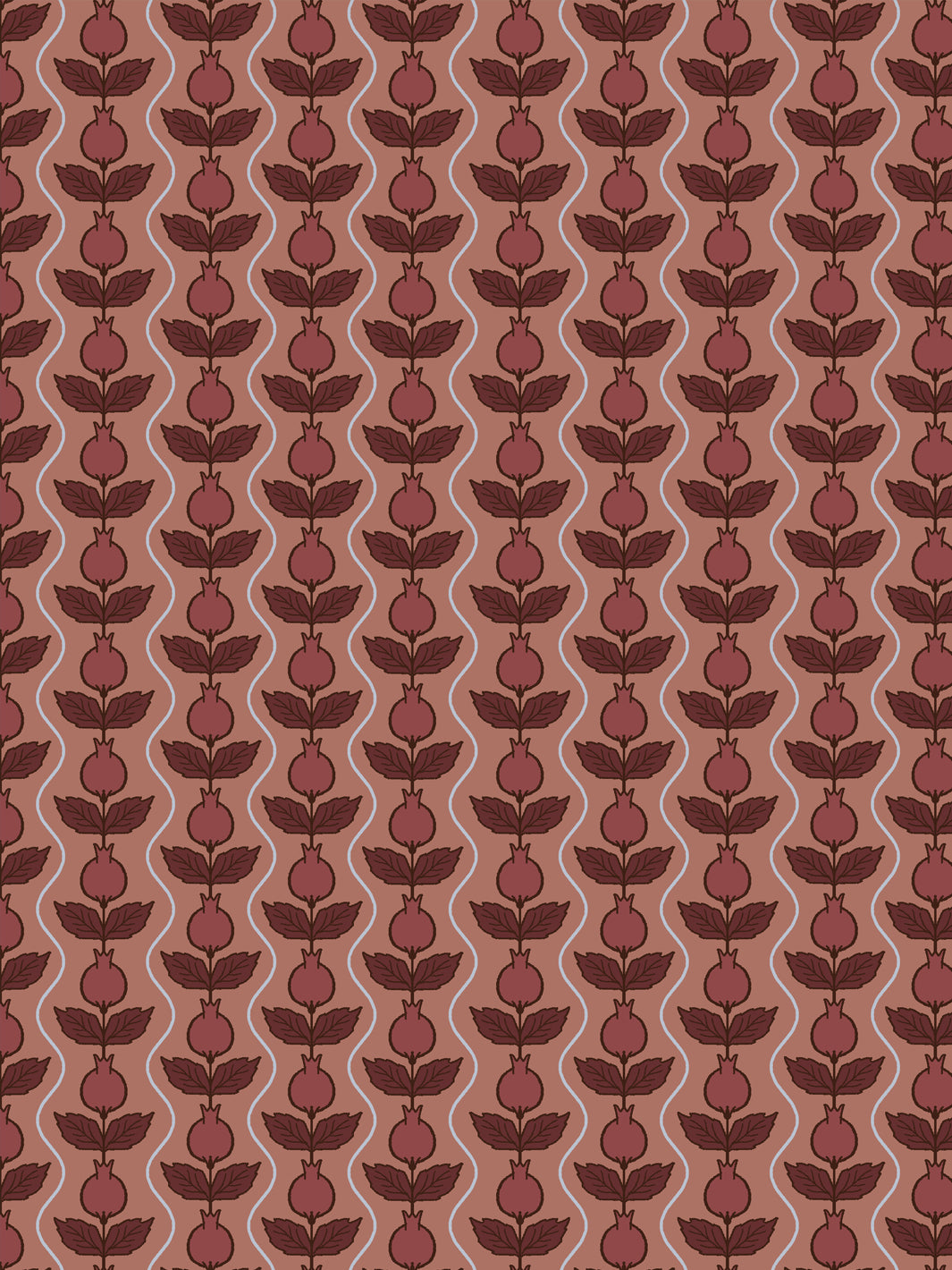 Close crop of deep brick-wine pomegranate columns on muted terracotta clay-rose