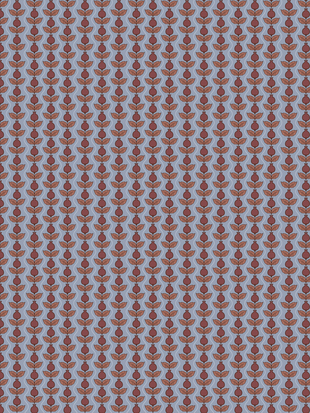 Pomara Bloom wallpaper in Stormy Orchard: maroon pomegranates and copper leaves on dusty slate blue