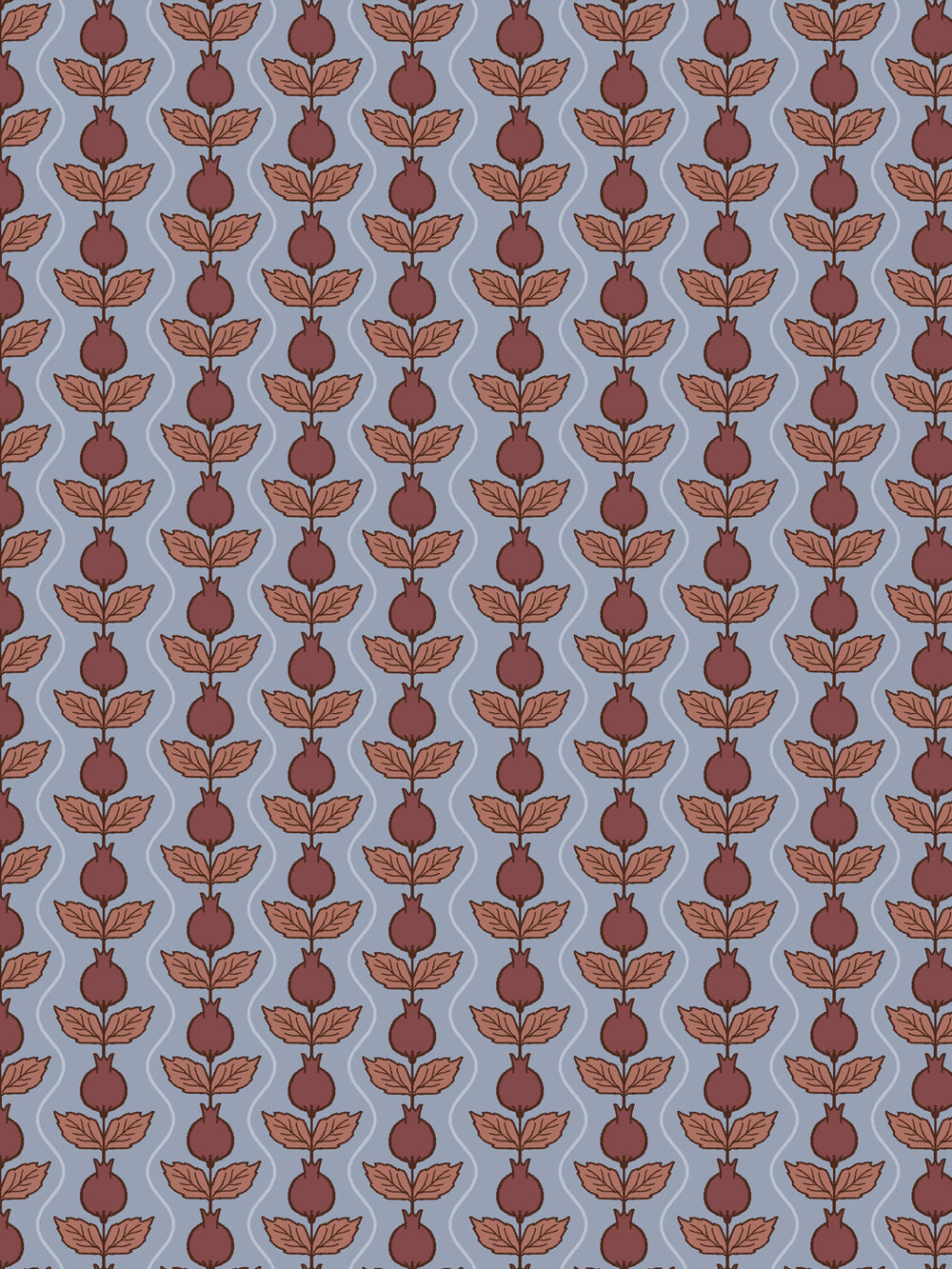 Close crop of deep maroon-oxblood pomegranate columns on dusty slate blue