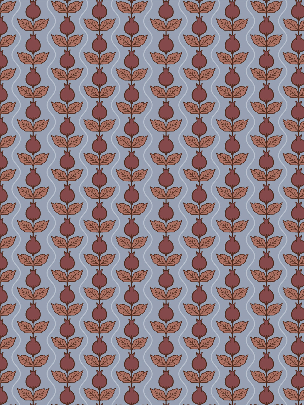Close crop of deep maroon-oxblood pomegranate columns on dusty slate blue