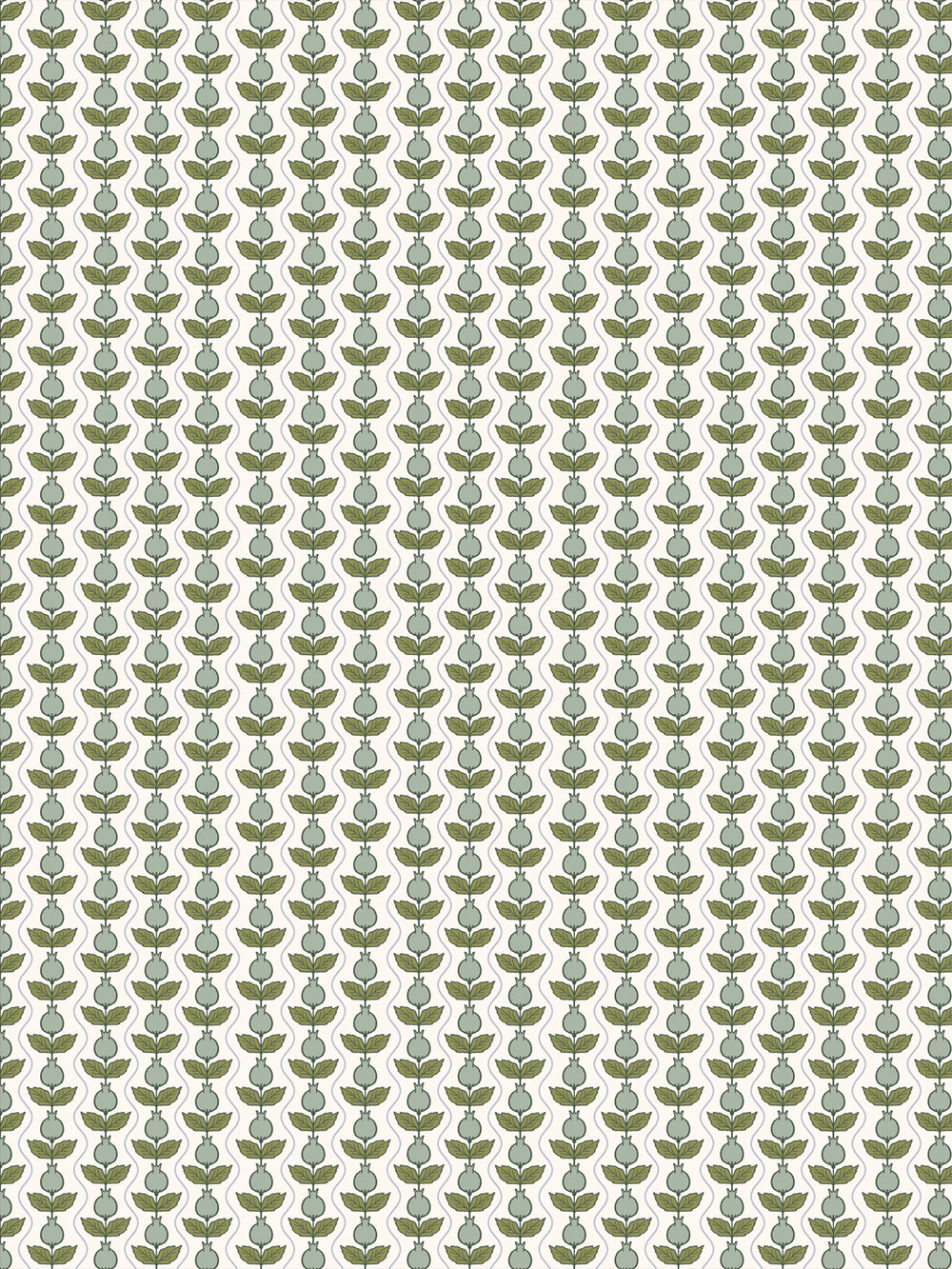 Pomara Bloom wallpaper in Tidal Kelp: sage pomegranates and olive leaves on a cream ground