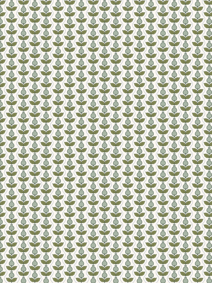 Pomara Bloom wallpaper in Tidal Kelp: sage pomegranates and olive leaves on a cream ground