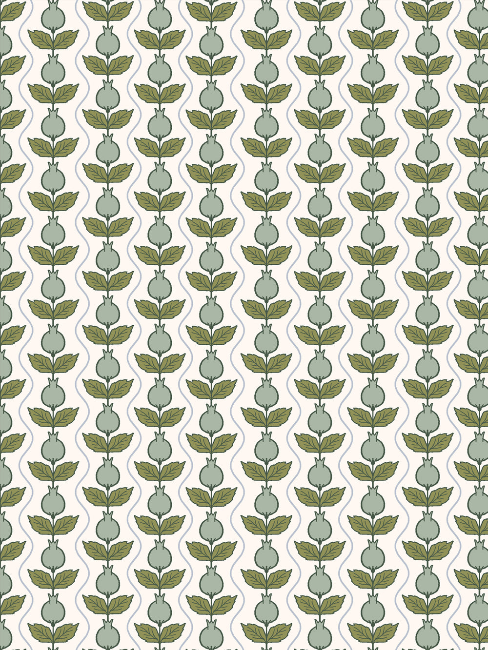 Close crop of soft sage-green pomegranate columns on warm cream