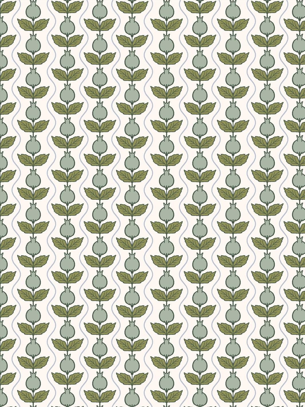 Close crop of soft sage-green pomegranate columns on warm cream