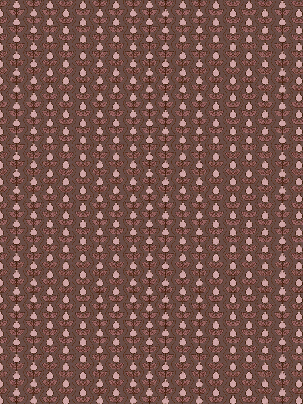 Pomara Bloom wallpaper in Walnut Mauve: pale pink pomegranates and rose leaves on walnut brown