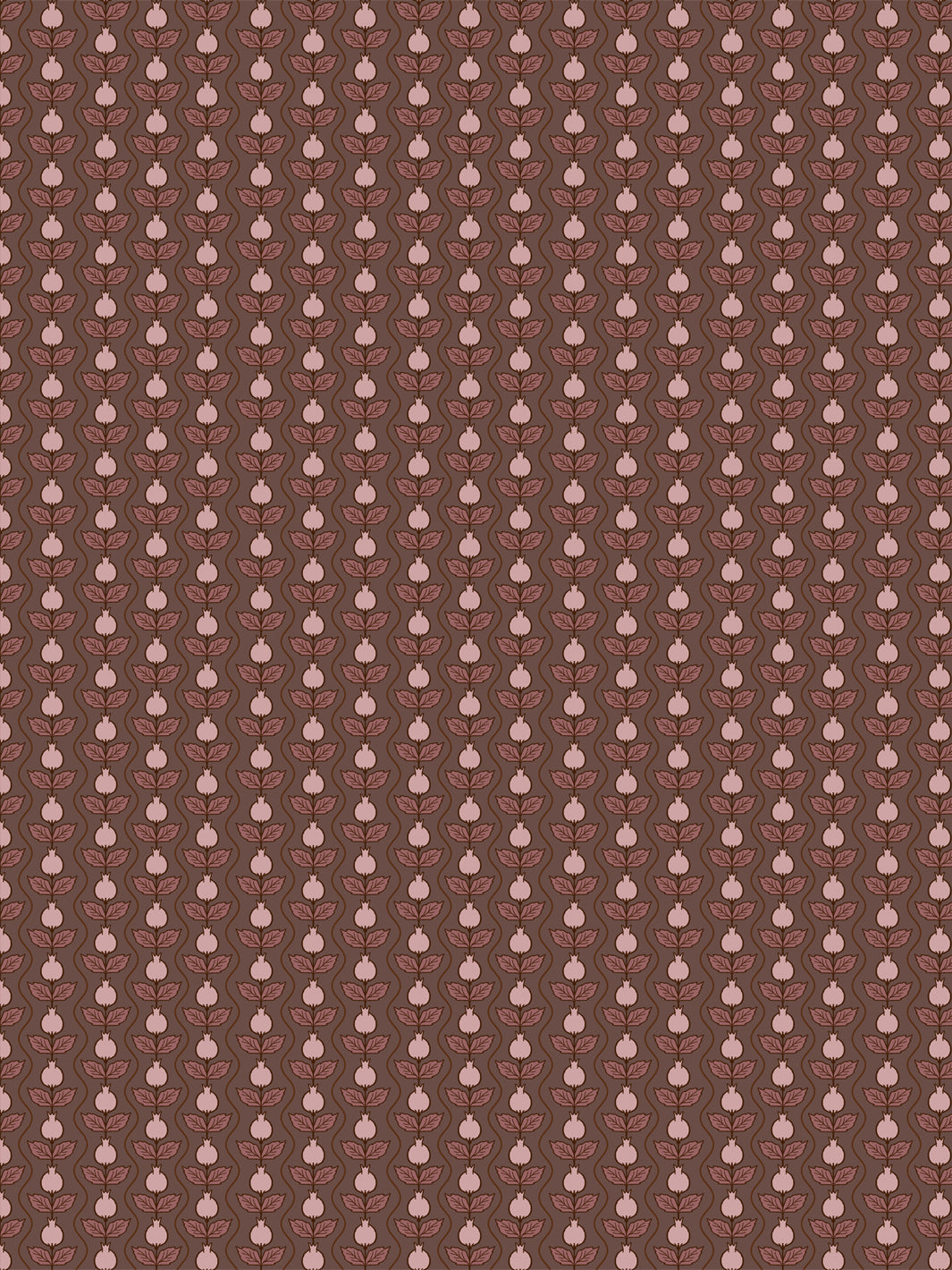 Pomara Bloom wallpaper in Walnut Mauve: pale pink pomegranates and rose leaves on walnut brown