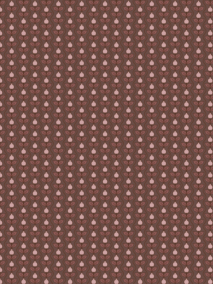 Pomara Bloom wallpaper in Walnut Mauve: pale pink pomegranates and rose leaves on walnut brown
