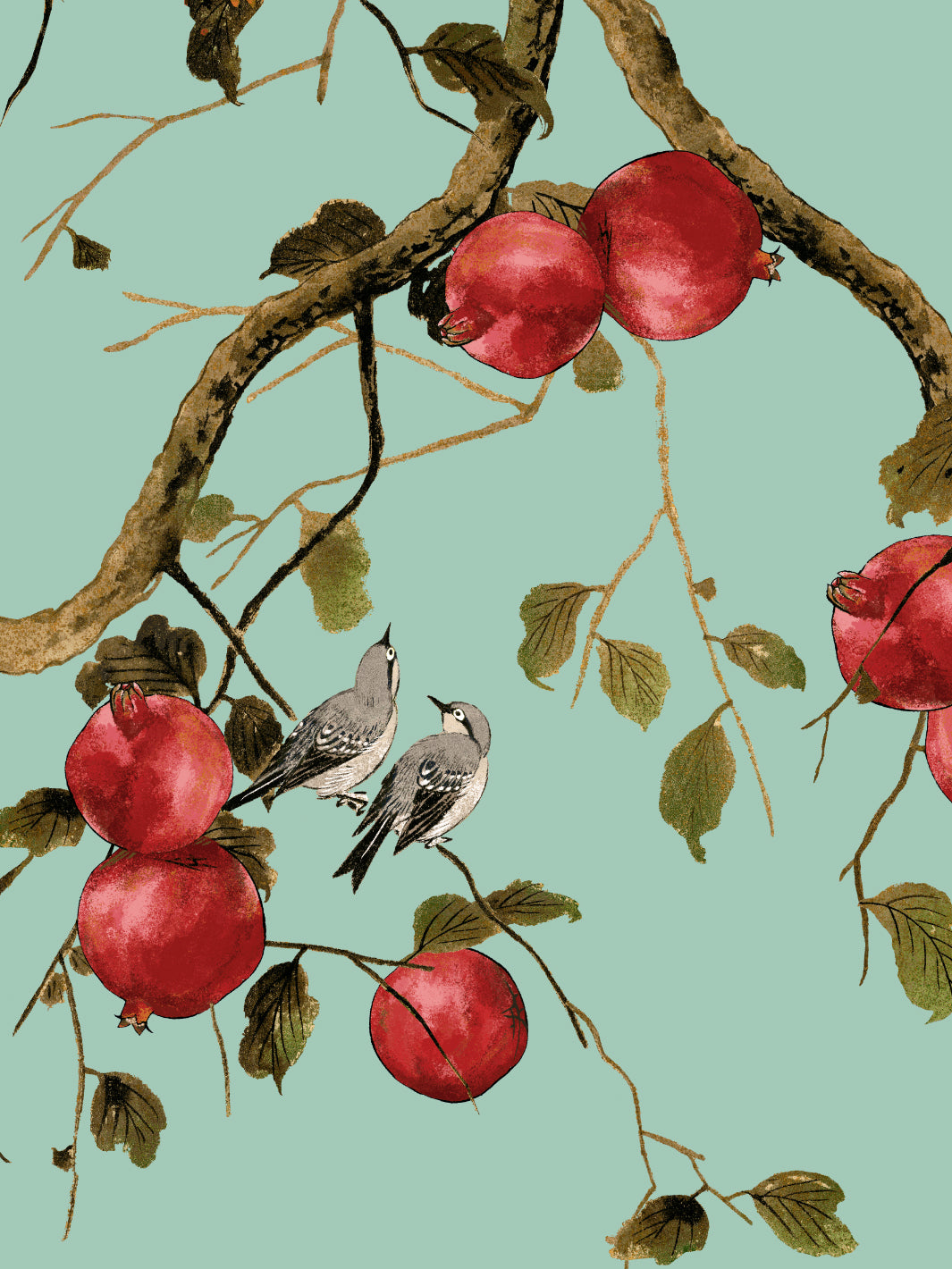 'Pomegranate Birds' Wallpaper by Nathan Turner - Jade Green