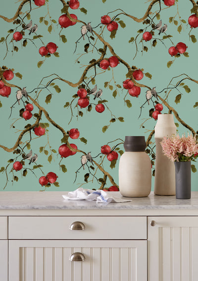 'Pomegranate Birds' Wallpaper by Nathan Turner - Jade Green