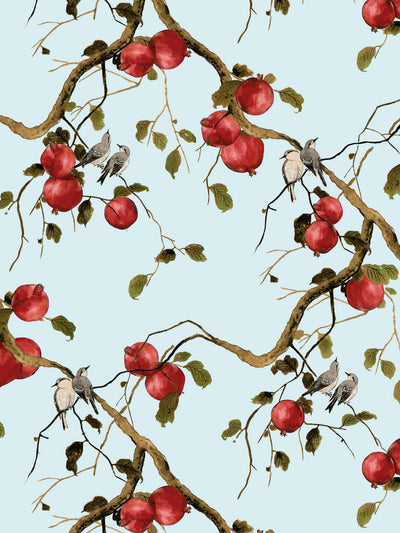 'Pomegranate Birds' Wallpaper by Nathan Turner - Light Blue