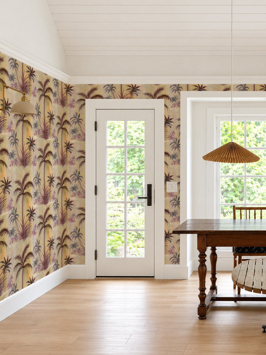 Purple palm tree wallpaper pattern with warm brown and green leaves