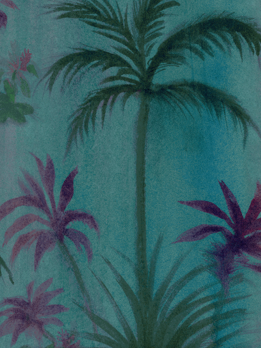 Teal wallpaper with large purple palm leaves and smaller botanical accents, repeating pattern