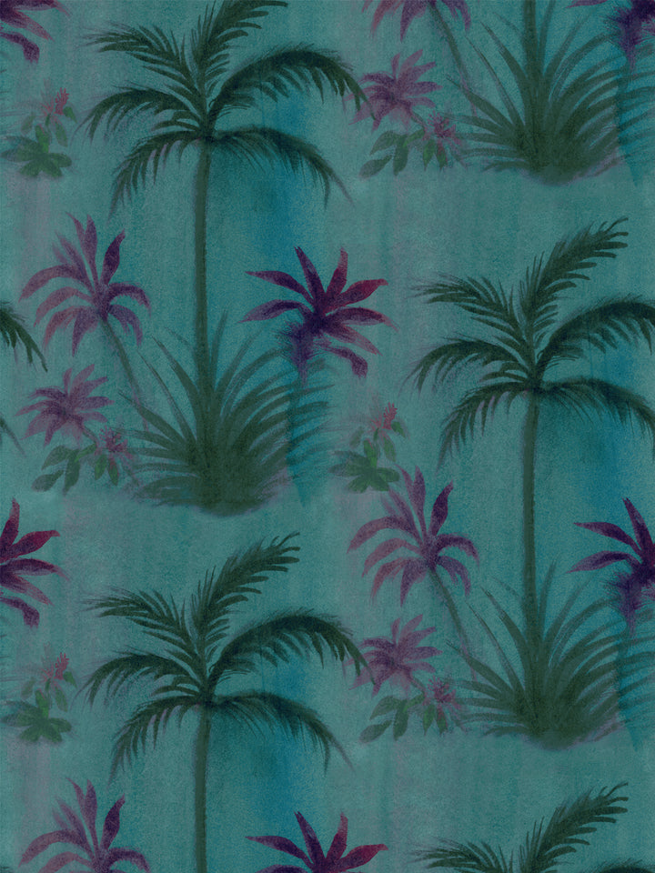 Teal wallpaper with purple and pink palm tree pattern, repeating botanical design