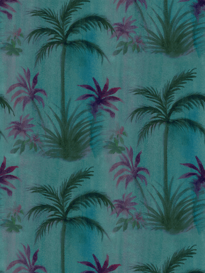 'Purple Palms' Wallpaper by Mary Maguire - Aqua Blue