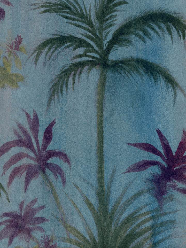 Blue palm leaf wallpaper with purple and magenta tropical fronds pattern