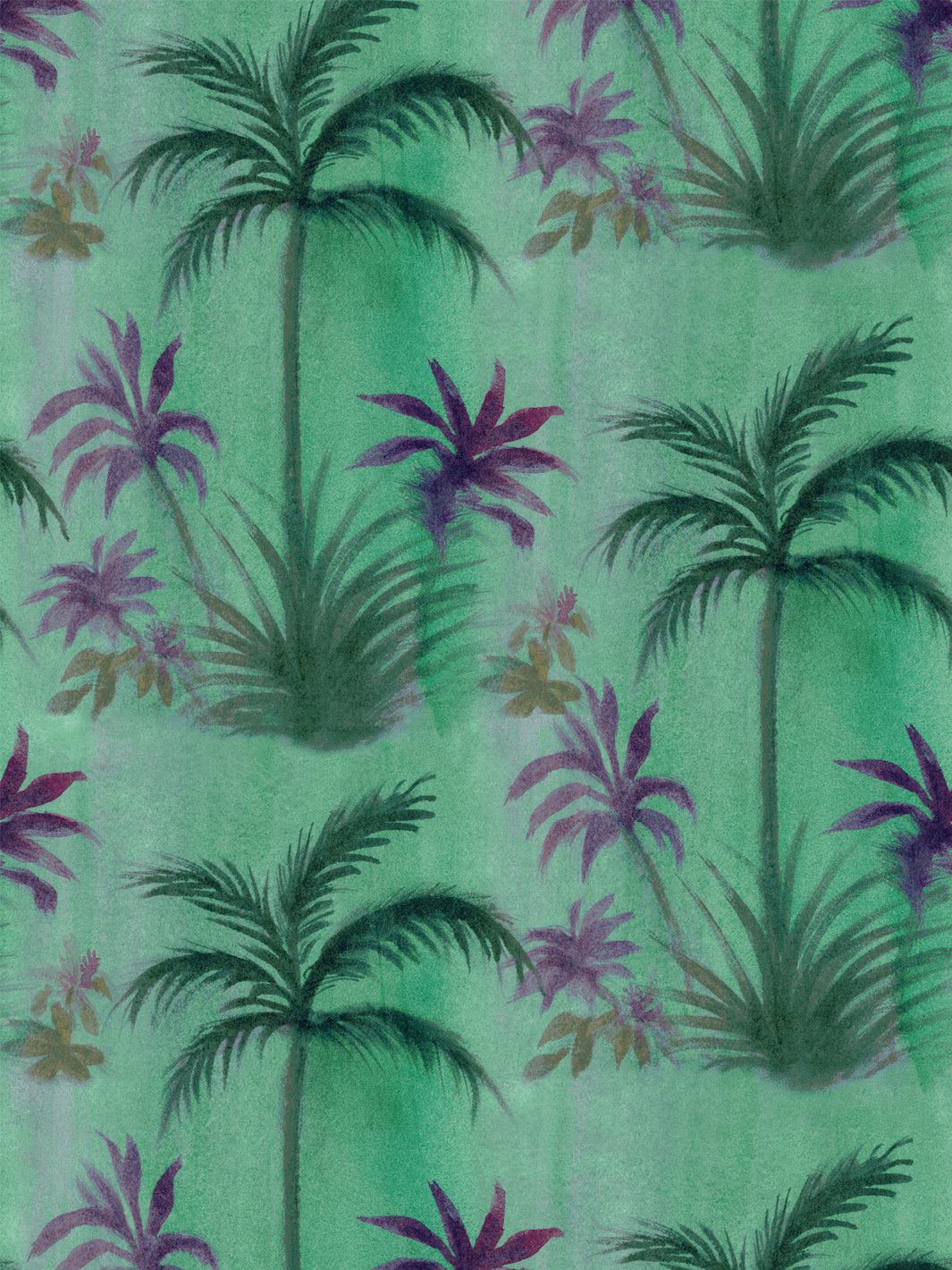 Green tropical palm leaf wallpaper with purple accents