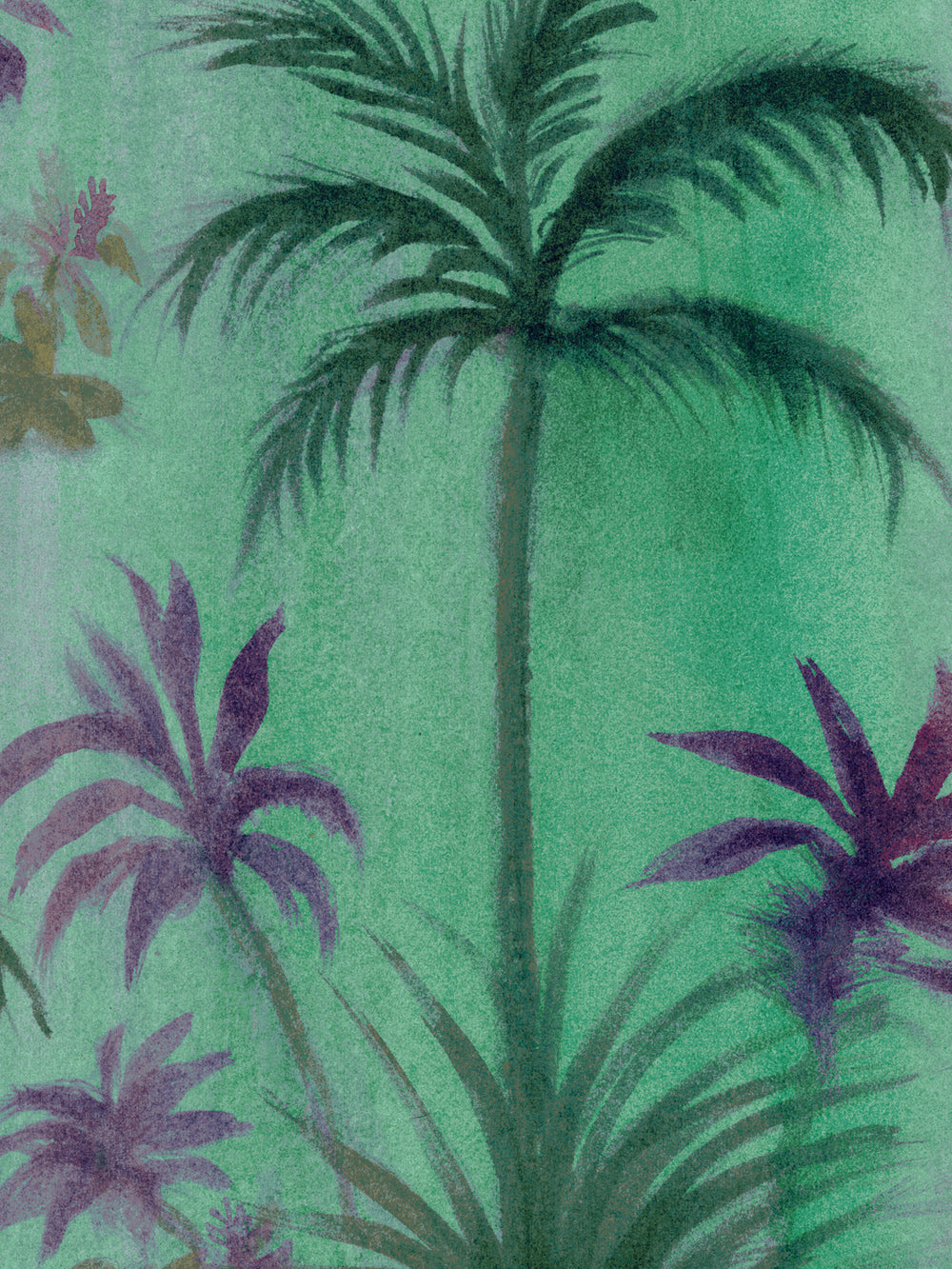 Green tropical palm leaf wallpaper with purple and plum accents