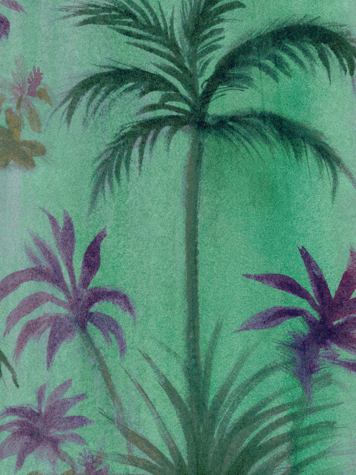 Green tropical palm leaf wallpaper with purple and plum accents