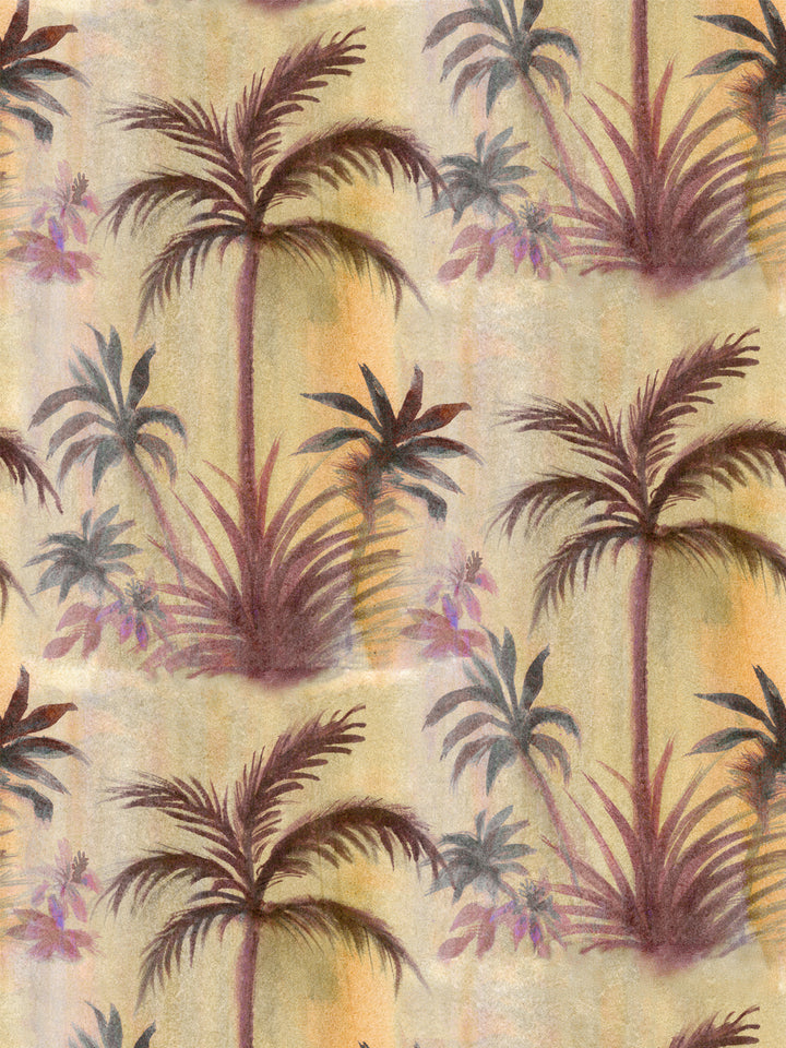 Tropical palm leaf wallpaper pattern with purple, brown, and tan fronds