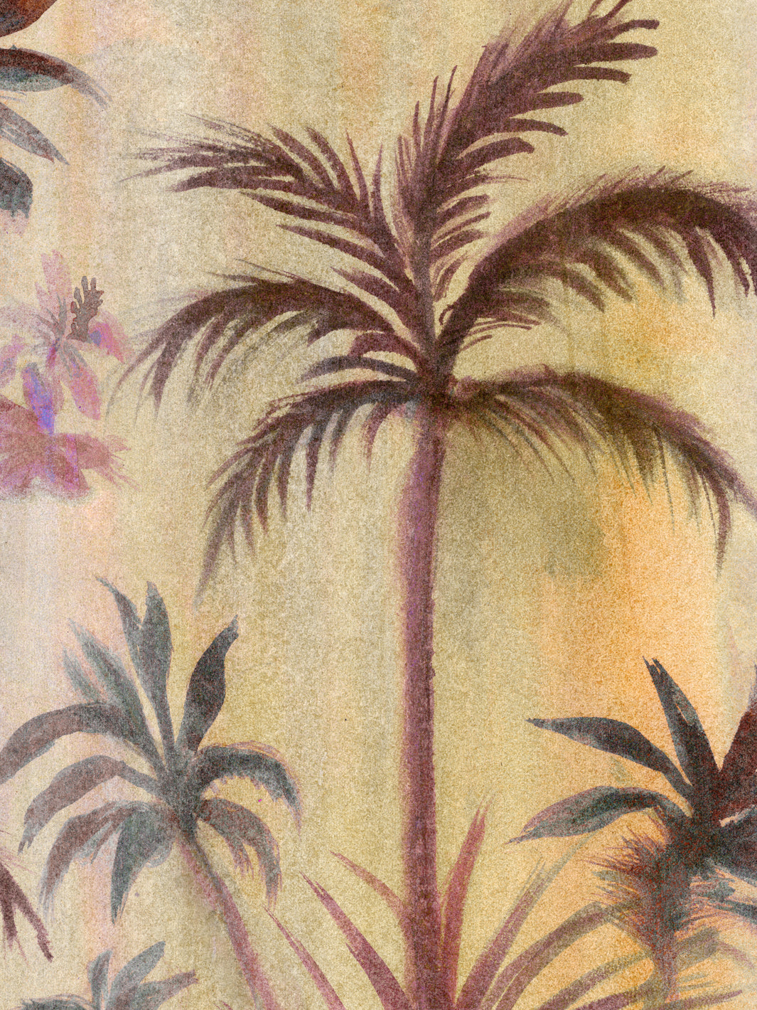 Close-up palm leaf wallpaper with beige fronds and purple-brown accents