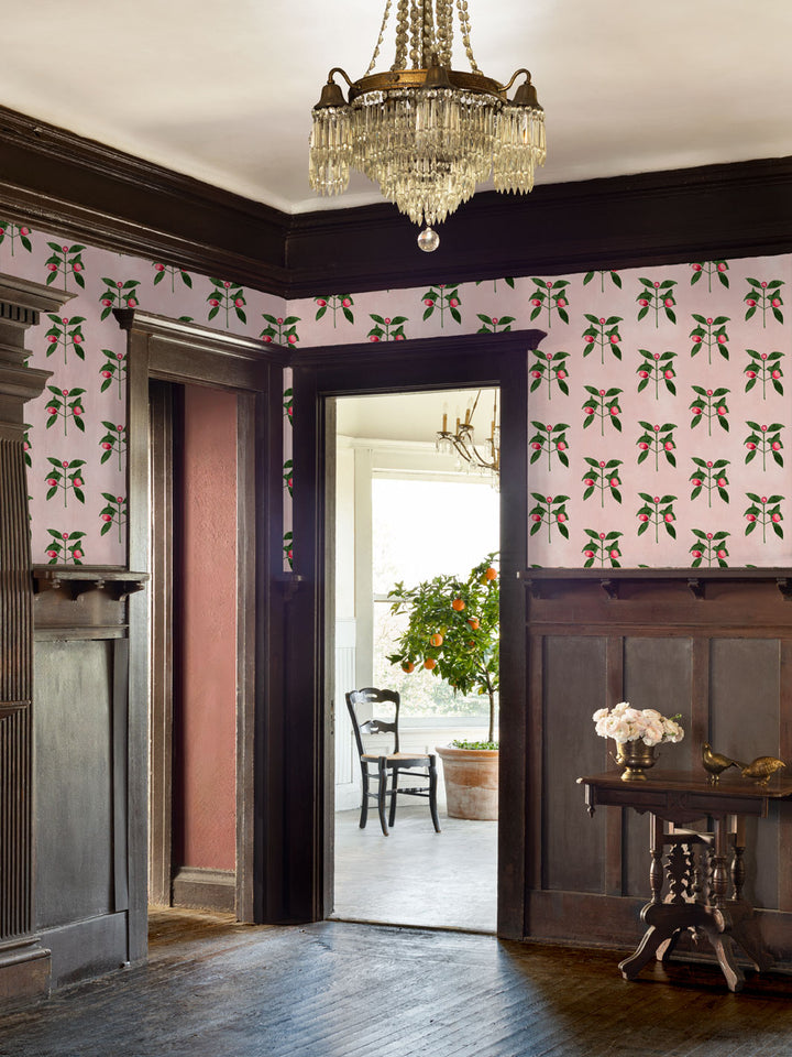 Raspberry flowers wallpaper on walls: pink raspberry clusters and green leaves on blush