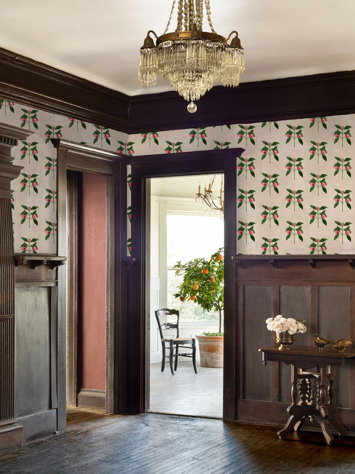 Raspberry flowers wallpaper with red berry clusters and green leaves on parchment cream