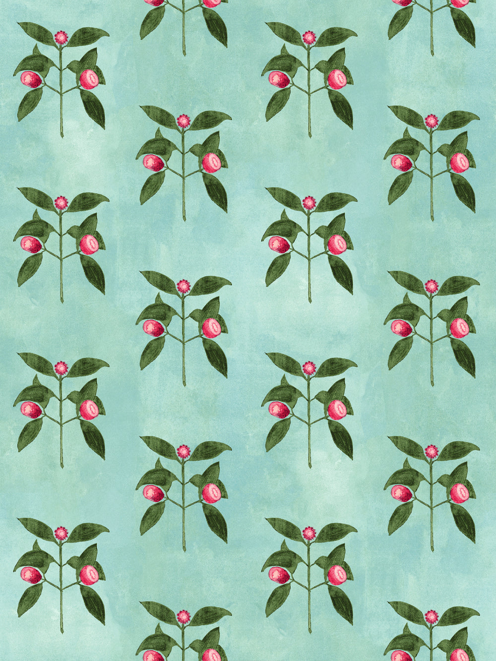 Aqua blue wallpaper with repeating raspberry vine pattern and pink blossoms