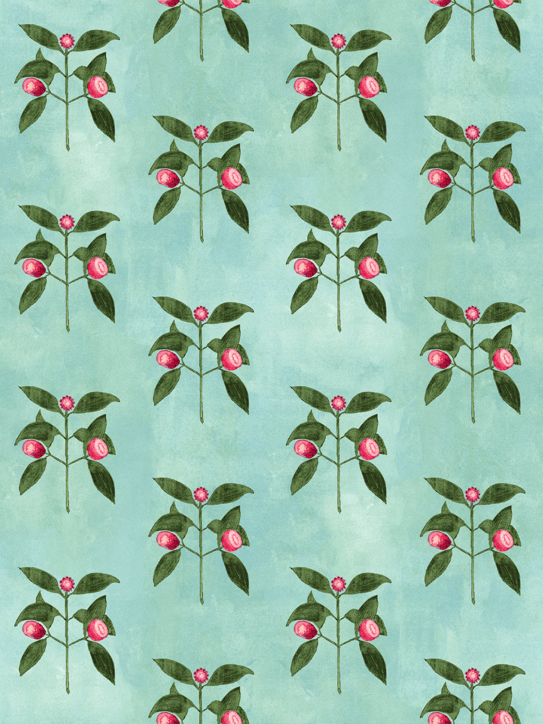 Aqua blue wallpaper with repeating raspberry vine pattern and pink blossoms