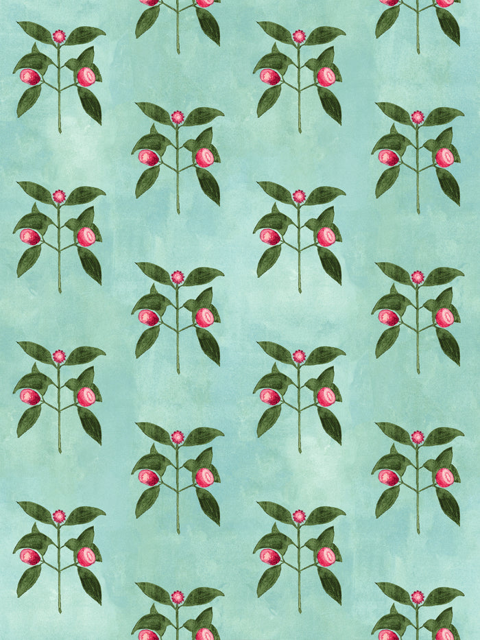 'Raspberry Flowers' Wallpaper by Mary Maguire - Aqua Blue