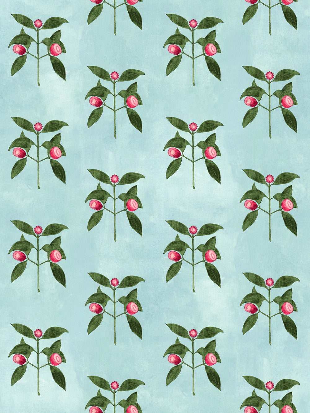 Blue floral wallpaper with raspberry stems and pink blossoms, repeating pattern