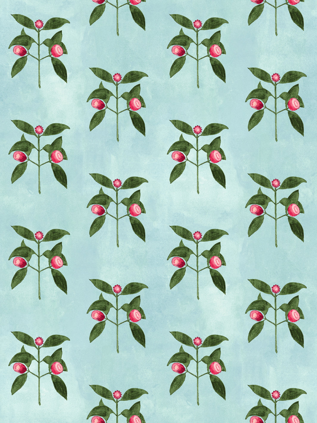 Blue floral wallpaper with raspberry stems and pink blossoms, repeating pattern