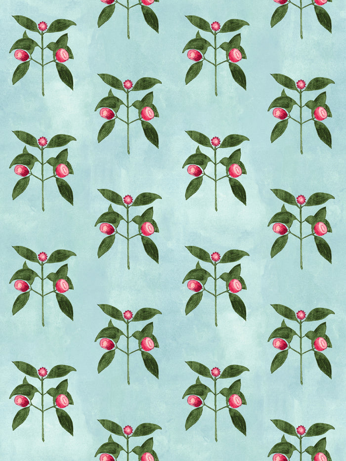 'Raspberry Flowers' Wallpaper by Mary Maguire - Blue