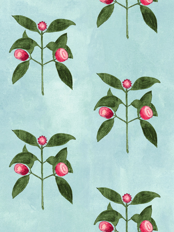 Blue wallpaper with green raspberry vines, round pink raspberries, and small flowers