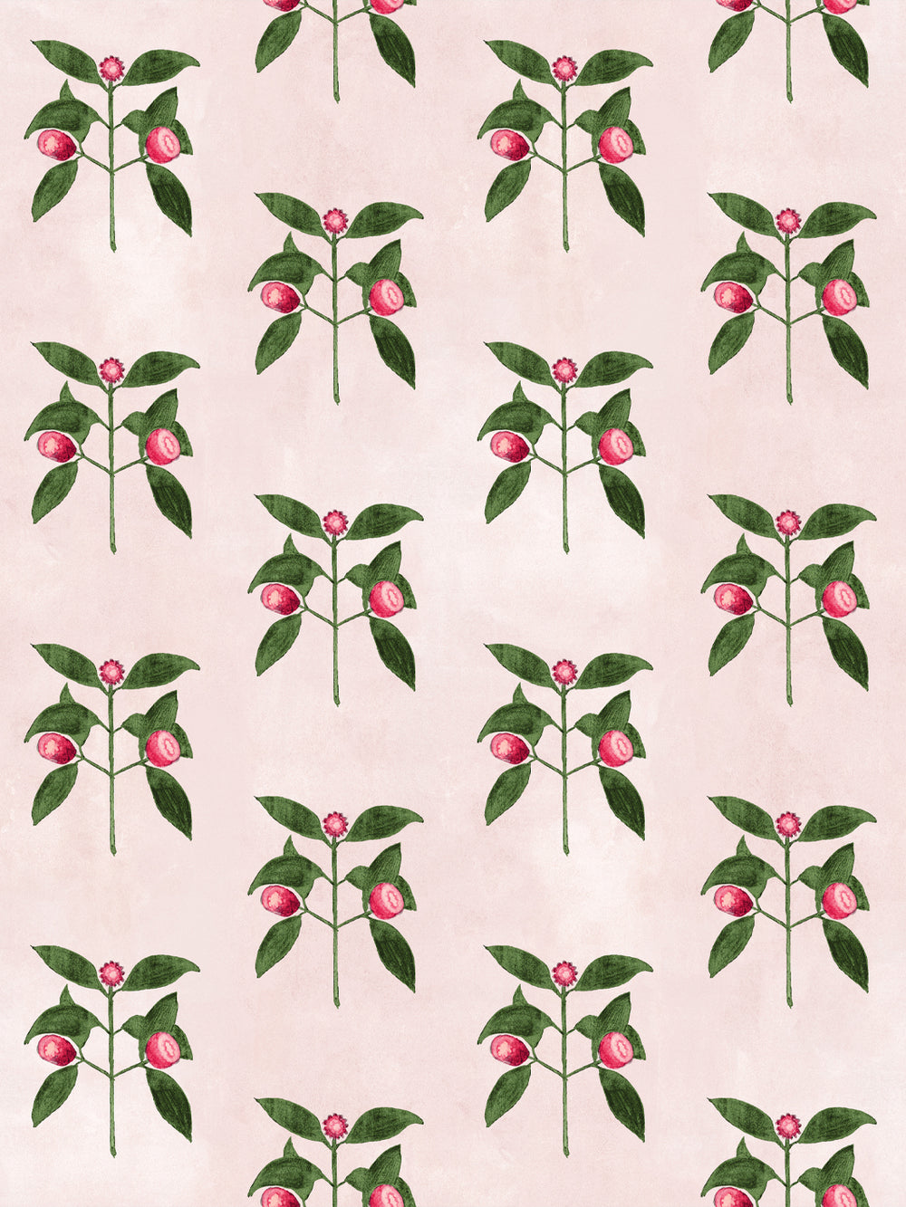Raspberry flowers wallpaper: pink berries and green leaves on blush, repeating pattern