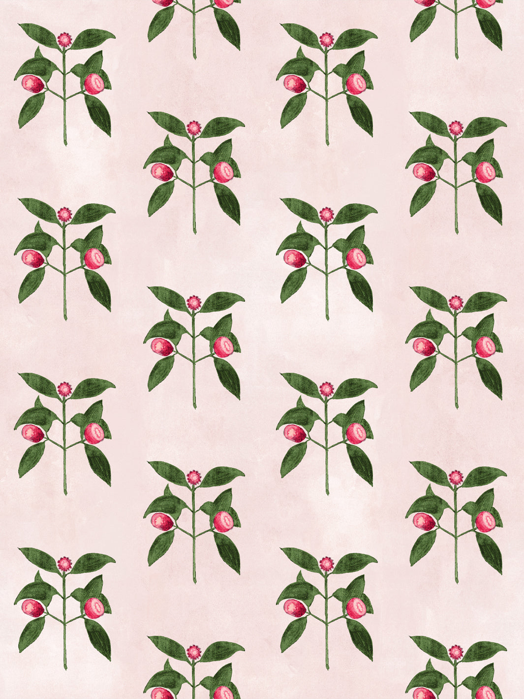 Raspberry flowers wallpaper: pink berries and green leaves on blush, repeating pattern