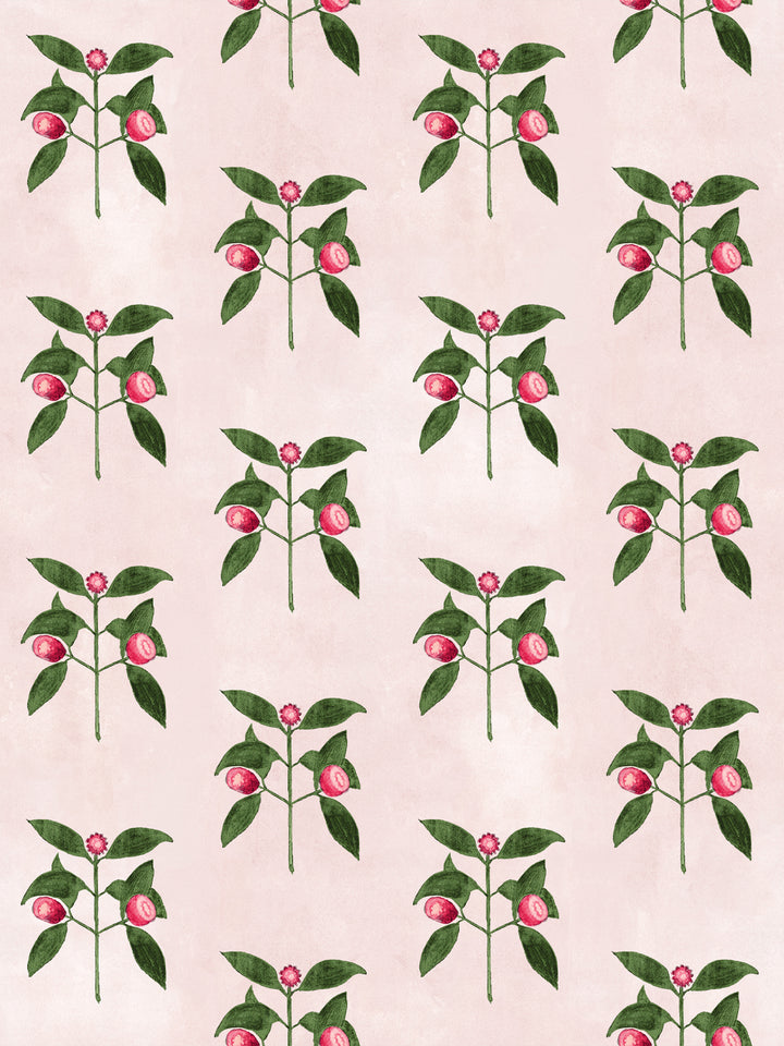 Raspberry flowers wallpaper: pink berries and green leaves on blush, repeating pattern