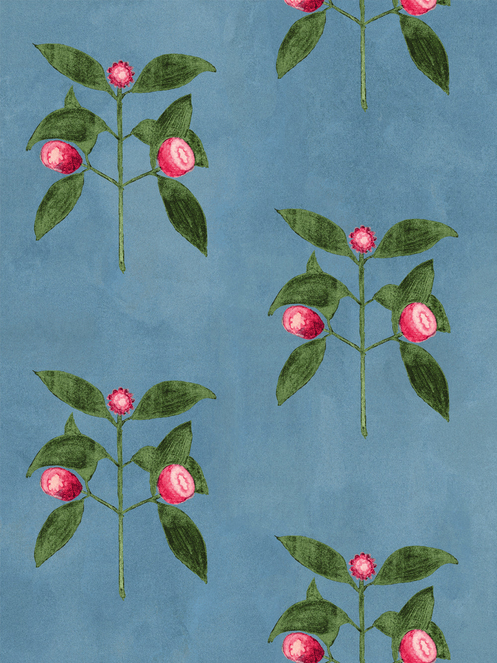 Mary Maguire raspberry flower vine wallpaper, close repeating pink berries and green foliage