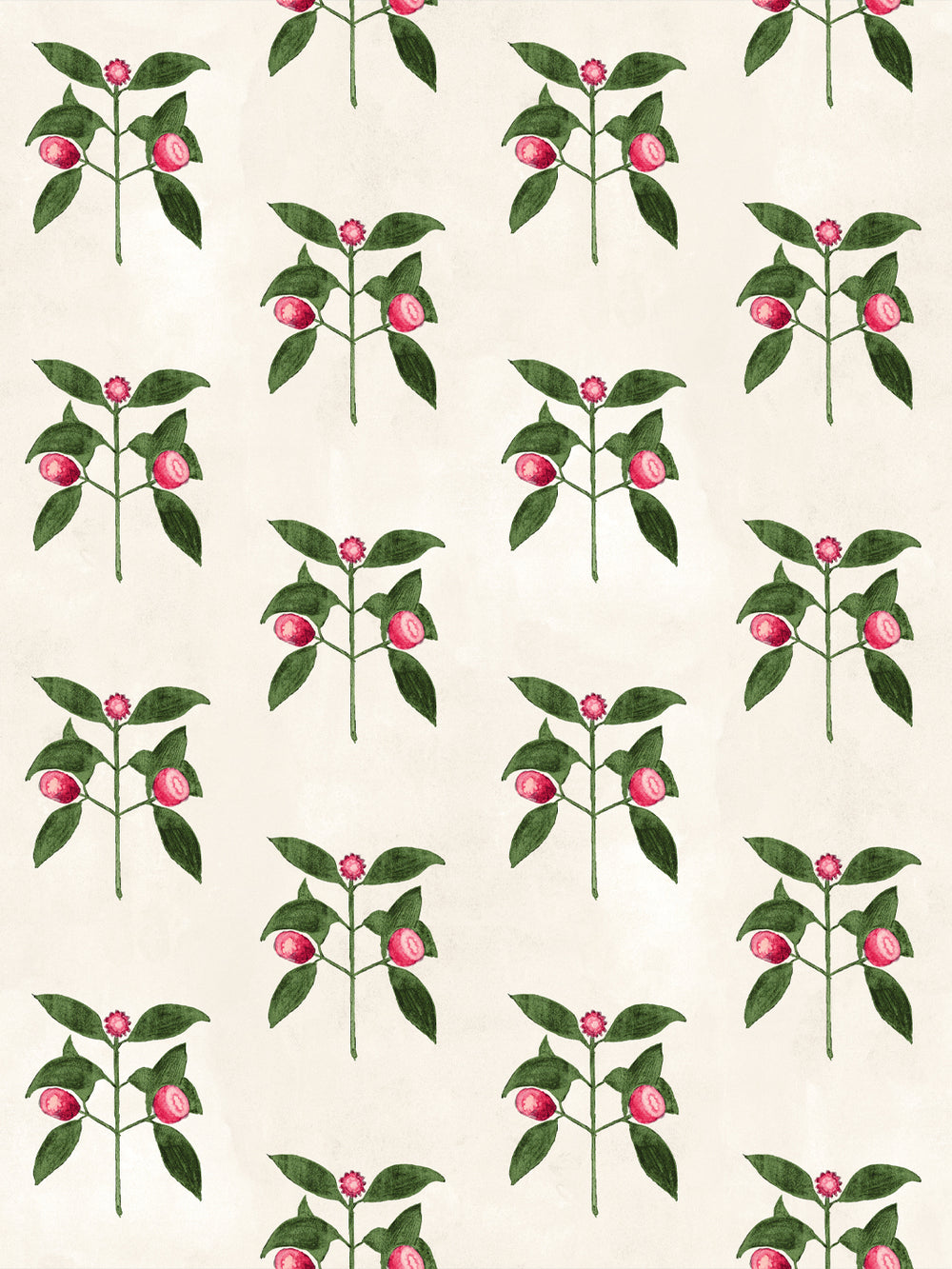 Ivory wallpaper with repeating raspberry flower and leaf pattern in red and green