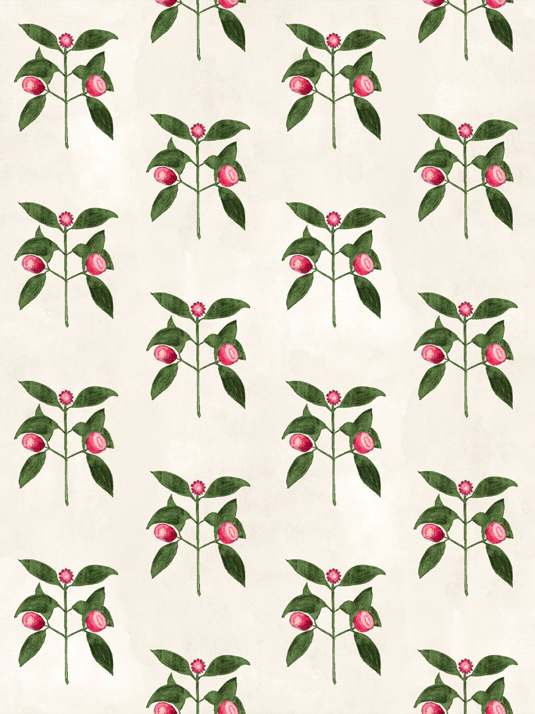 Ivory wallpaper with repeating raspberry flower and leaf pattern in red and green