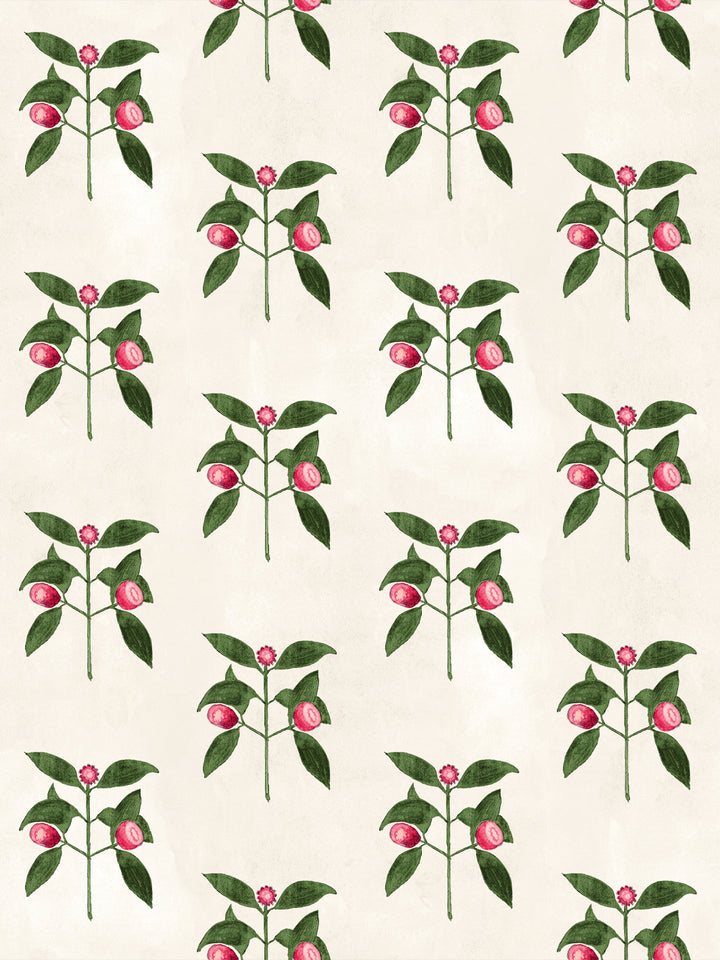 Ivory wallpaper with repeating raspberry flower and leaf pattern in red and green