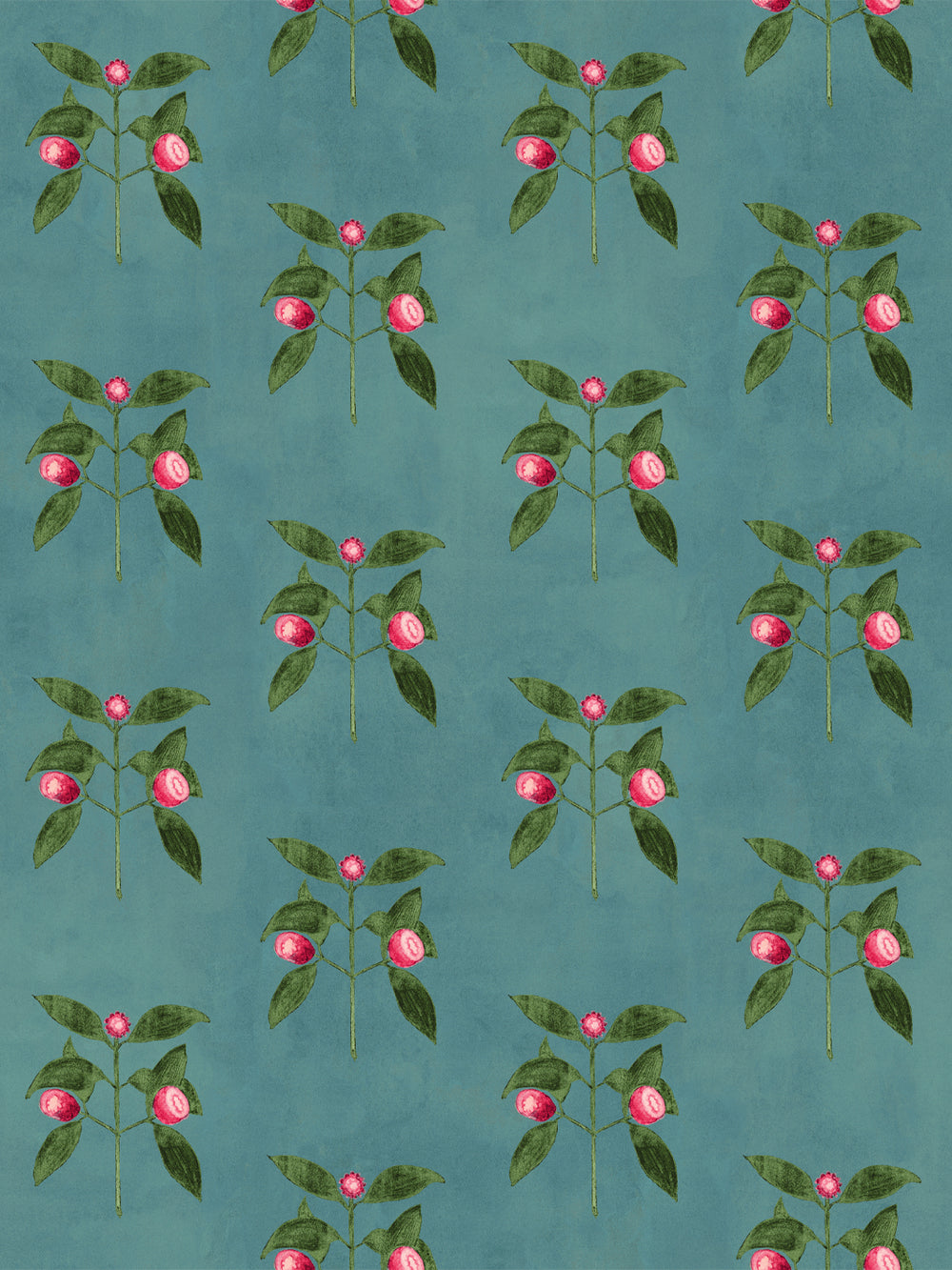 Botanical wallpaper with pink berry flowers on green vine branches, ocean blue background