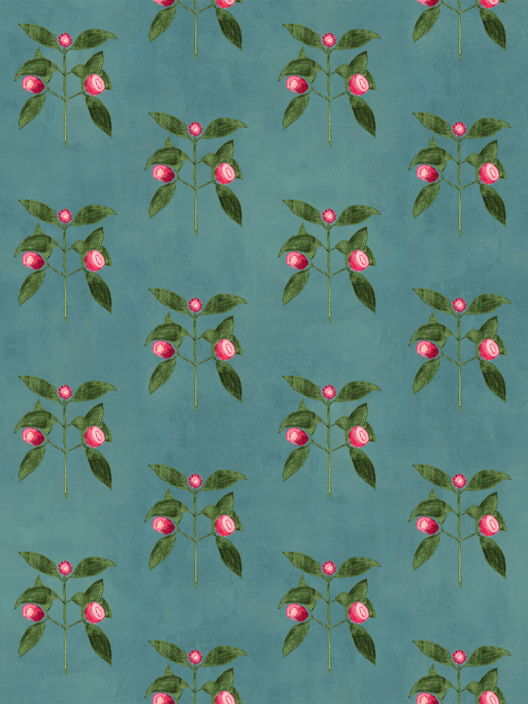 Botanical wallpaper with pink berry flowers on green vine branches, ocean blue background