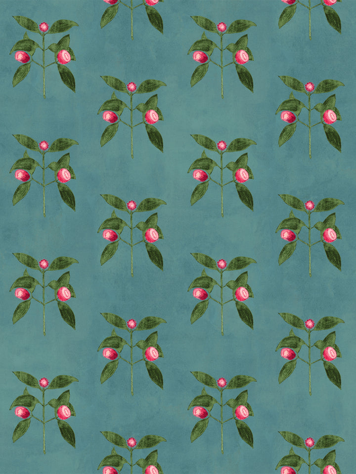 Botanical wallpaper with pink berry flowers on green vine branches, ocean blue background