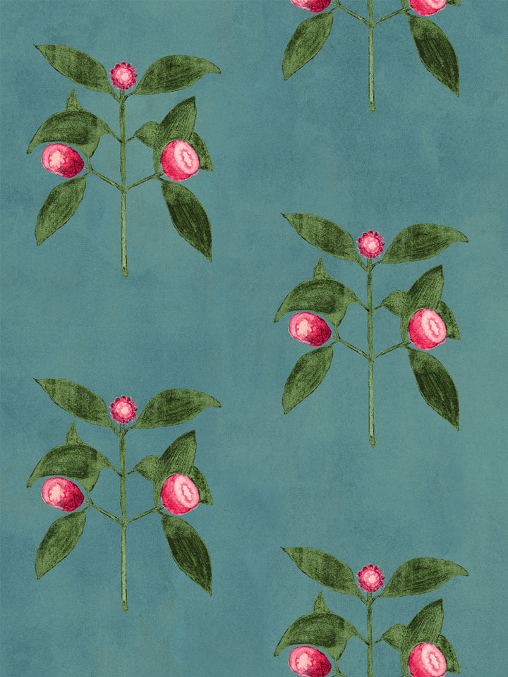 Botanical wallpaper close-up of pink berries and blossoms on green vine stems