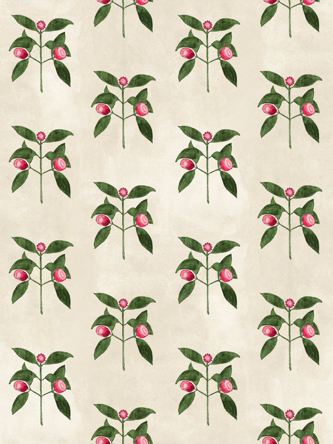 Raspberry flowers wallpaper pattern with red berries and green leaves on parchment cream
