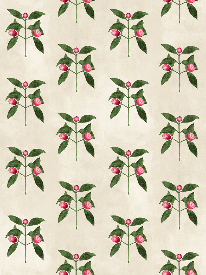 Raspberry flowers wallpaper pattern with red berries and green leaves on parchment cream