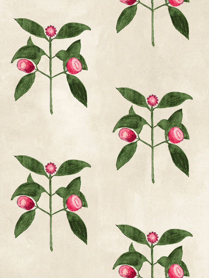 Close-up raspberry flowers wallpaper with red berries and green leaves on parchment background