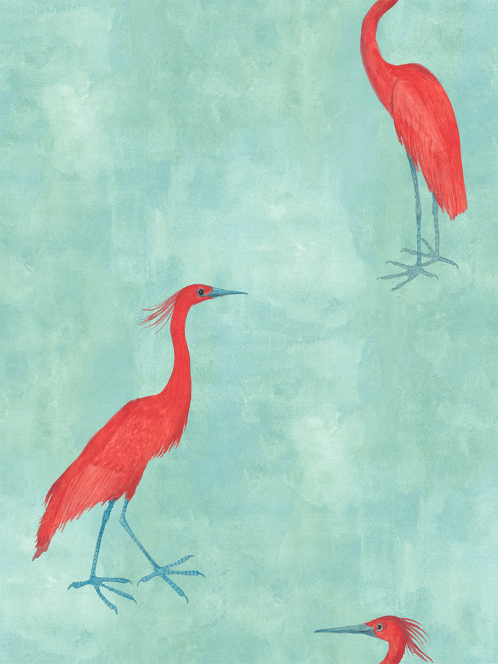 Aqua blue wallpaper with red egret bird illustrations, partial view of three birds