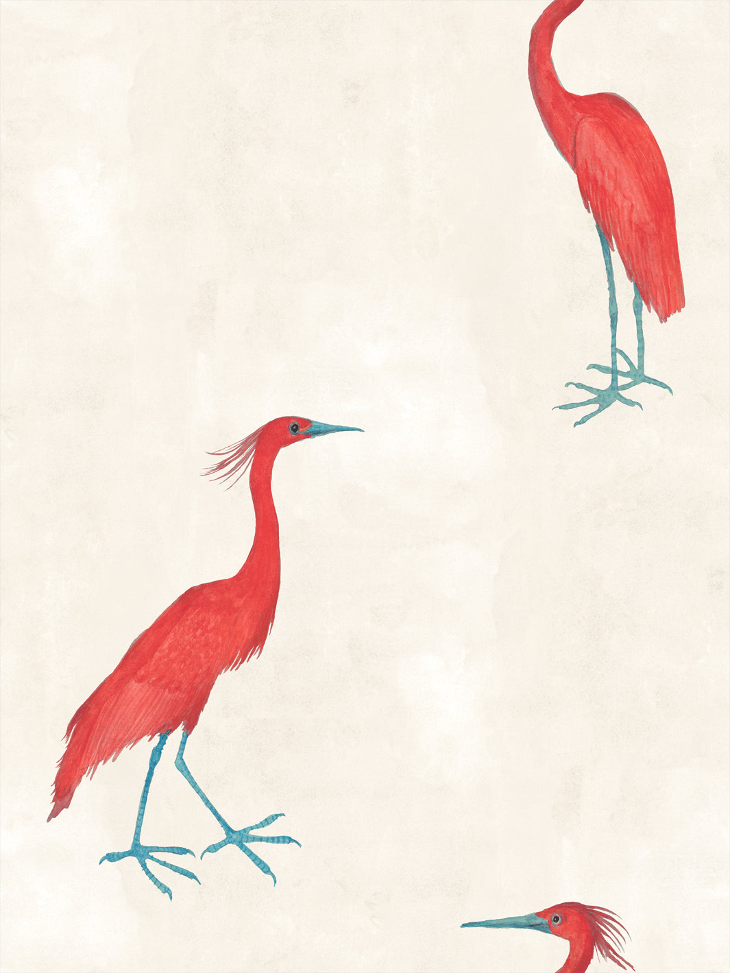 Ivory wallpaper with red and teal egret bird illustrations, partial figures