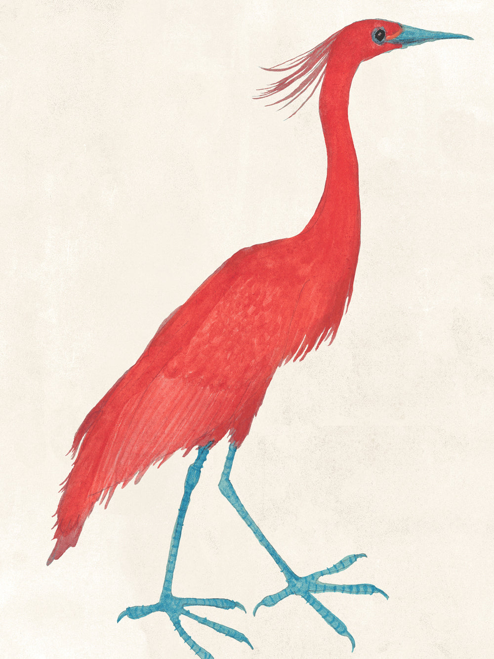 Ivory wallpaper with a large red egret bird illustration and teal legs